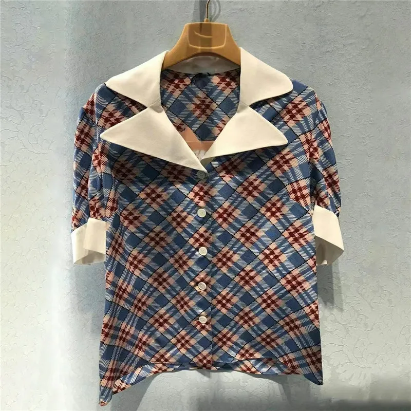 

2021 New Shirt Short-sleeved Retro Plaid Shirt Female Summer Shirt Female Design Sense Niche Style Women's Clothing