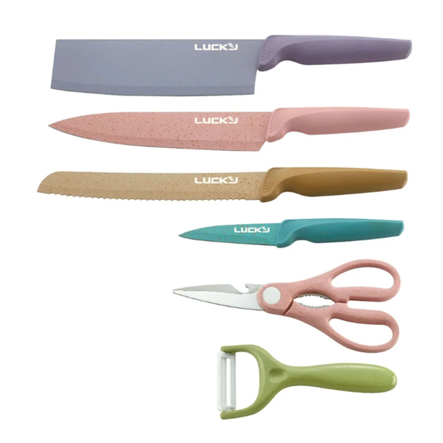 

Colored Wheat Straw Knife Set Stainless Steel Knife Set 6-Piece Gift Knife Set Kitchen Fruit Knife Combination Pink Knife Set