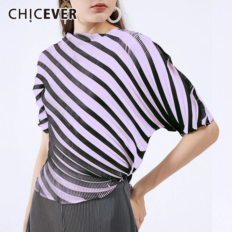 

CHICEVER Повседневная полосатая футболка для женщин с круглым вырезом, коротким рукавом, асимметричным подолом, дизайнерские цветные футболки,...