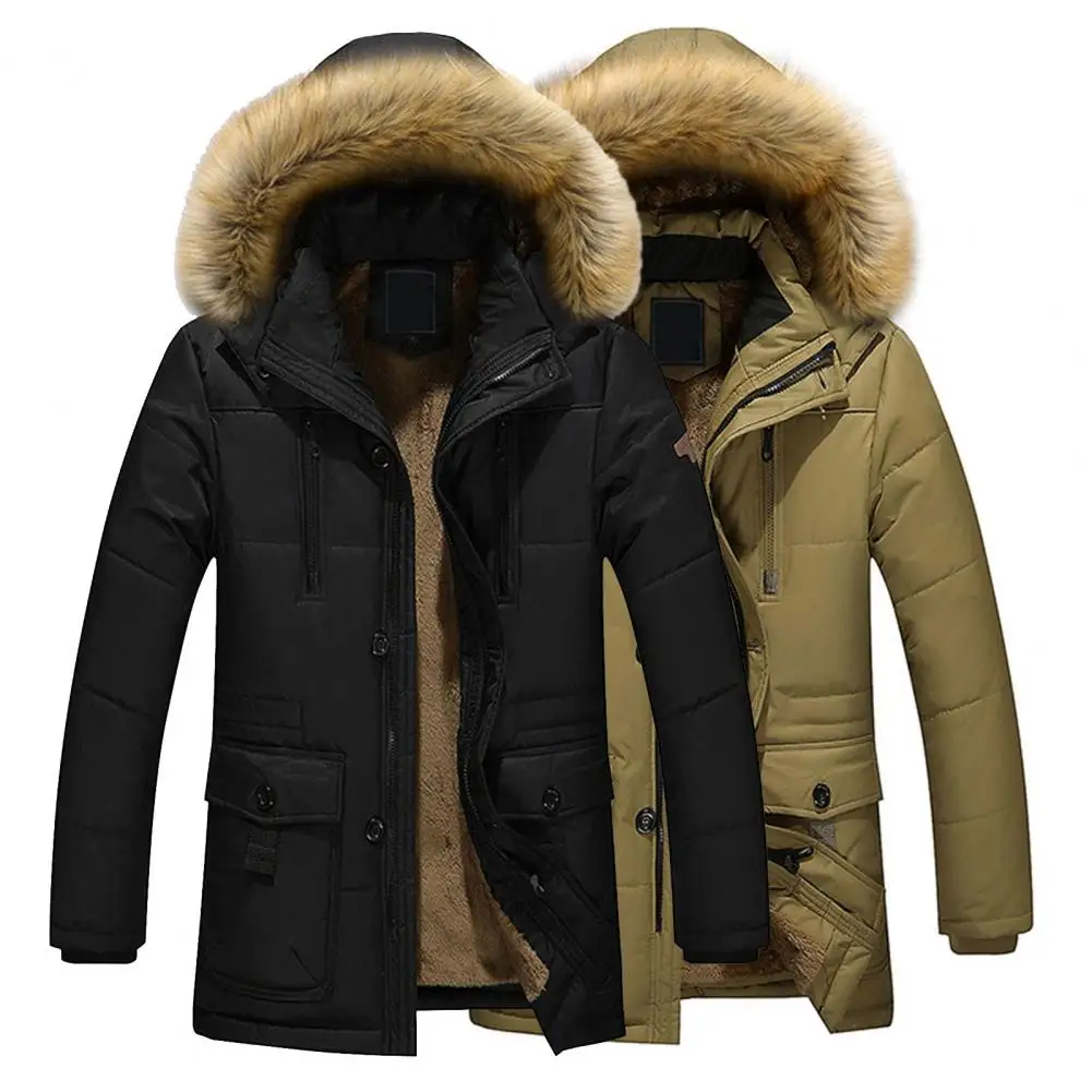 

2021 Men Warm Thick Fleece Lining Plush Parkas Hooded Jacket Fur Zipper Padded Waterproof Fashion Casual Winter Medium-long Coat