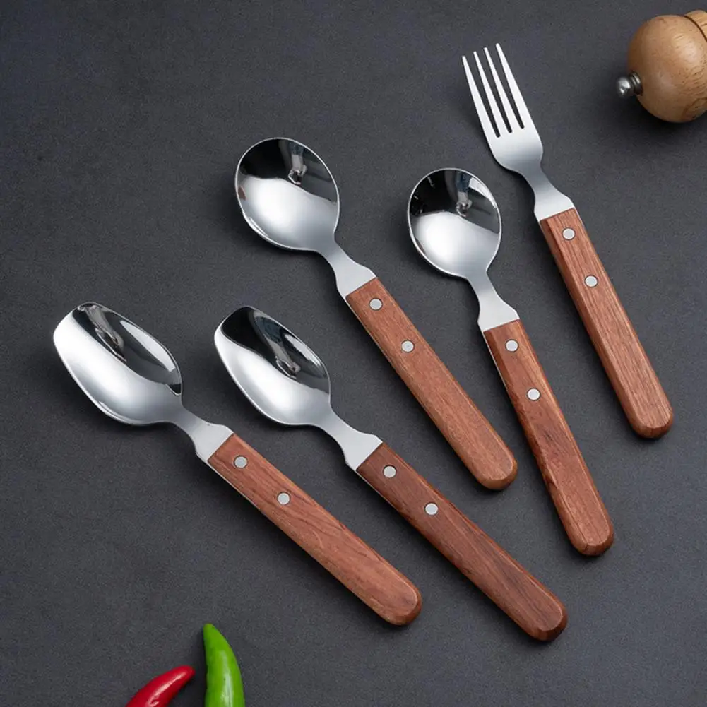 

Creative kitchen spoon practical mirror polished stainless steel wood handle ice cream spoon fork household utensils