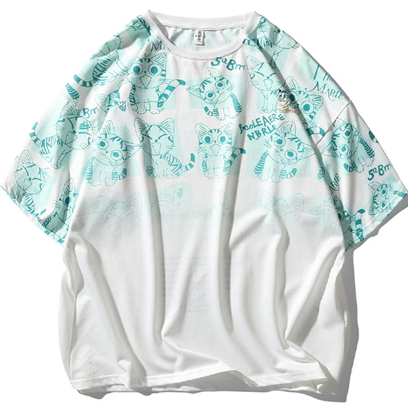 

Футболка мужская оверсайз из чистого хлопка, с коротким рукавом и мультяшным котом