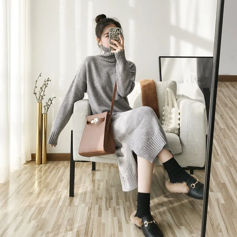 2019 зимние женские повседневные платья осенние с длинным рукавом Водолазка