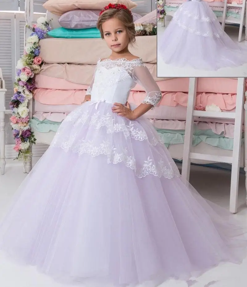

Lavender Puffy Flower Girl Dress Tulle 3/4 Long Sleeve Appliques Kids Holy Communion Dress Pageant Graduation Gown