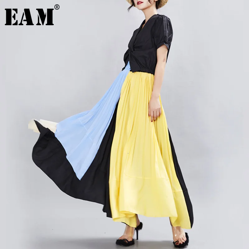 [EAM] юбка с высокой эластичной резинкой на талии желтая контрастная цветная