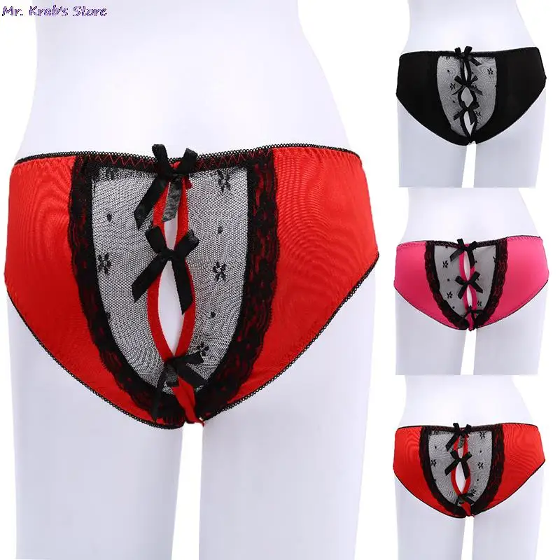 

Кружевные женские трусики с открытой промежностью, сетчатый сексуальное Эротическое белье Соблазнительные трусики-танга с бантом на шее т...
