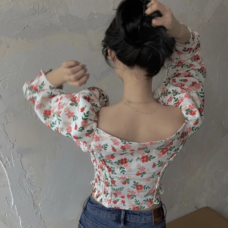 

ETOSELLFemale Blouse Top Women Puff Sleeve Sweet Shirts Sexy Long Sleeve Square Collar Floral Blouses