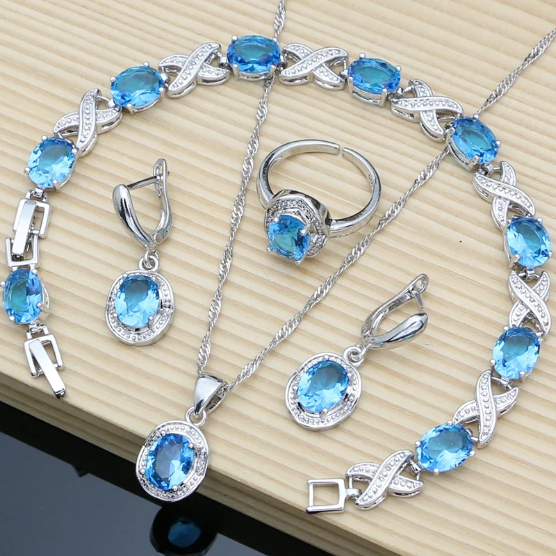 

12 Colors Gemstone Silver 925 Jewelry Sets Sky BlueTopaz Birthstone Earrings Bracelet Resizable Ring Necklace Wholesale Price