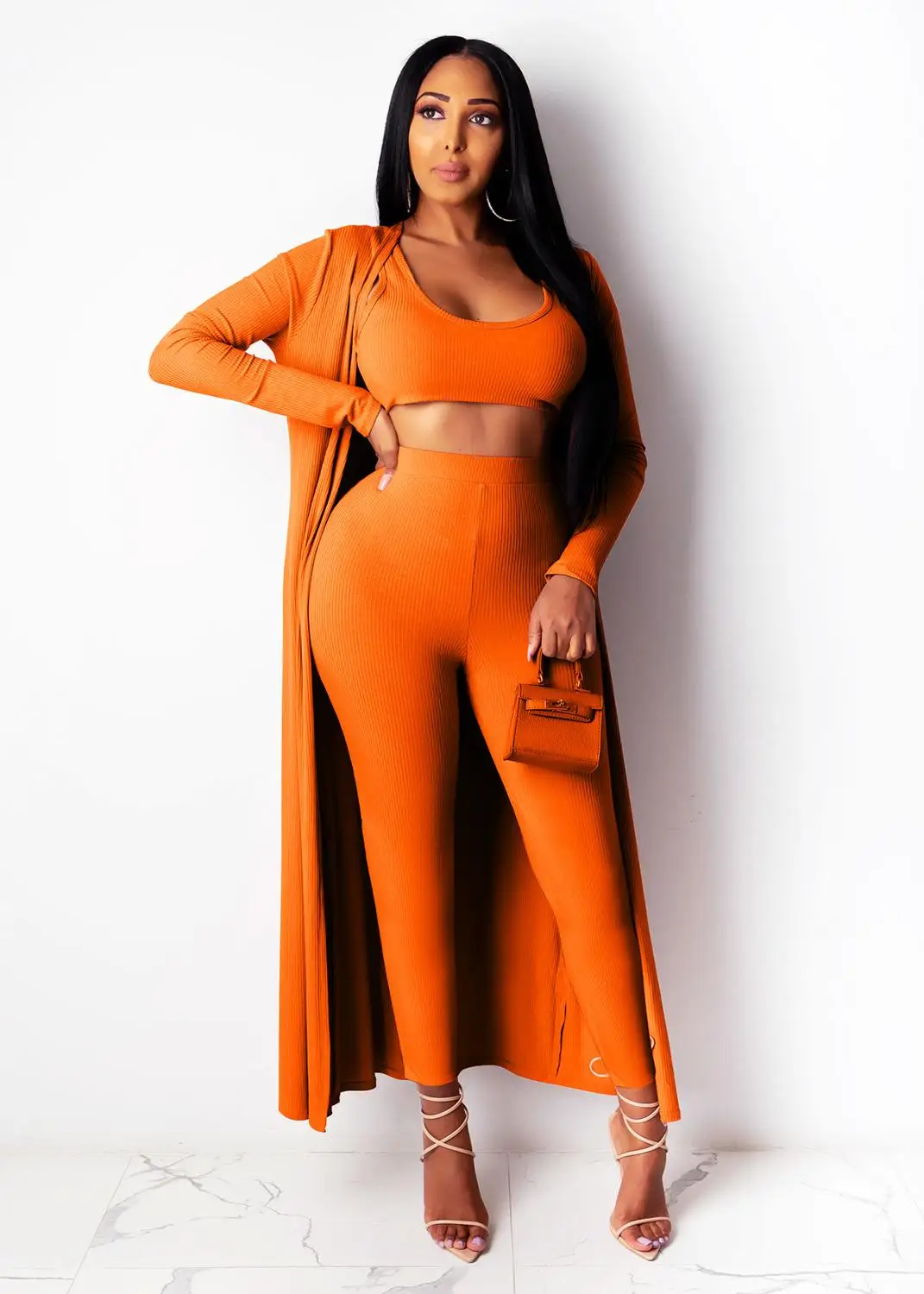 

Women Tracksuit Ribbed Three Pieces Set Cloak Tank Top Long Pants Ribbed Sports Suit Raised Lines Pattern Outdoor Wear