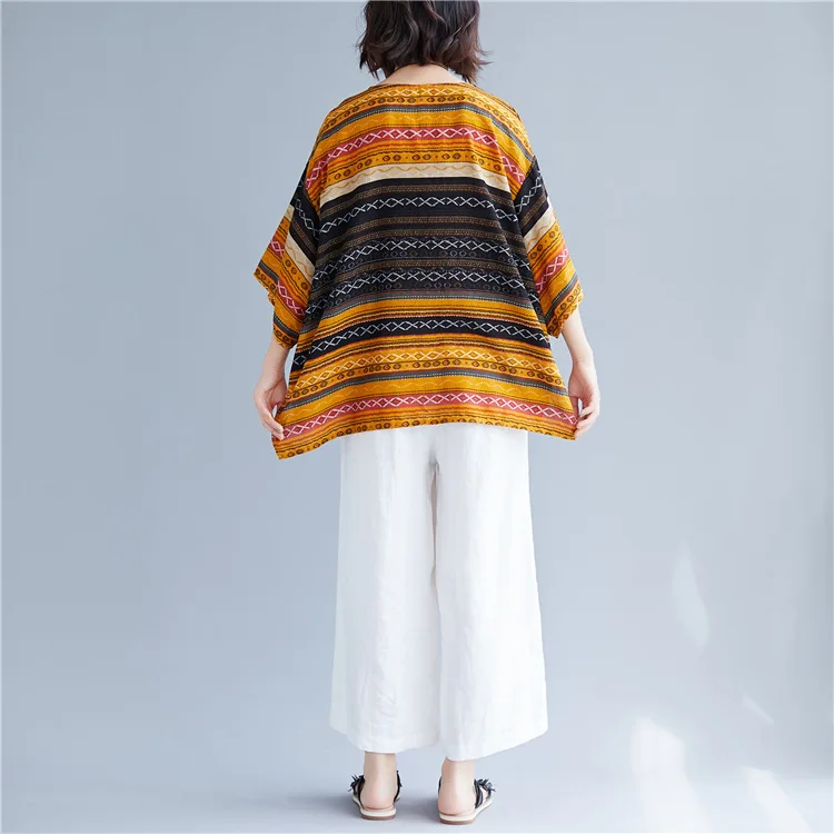 

Johnature Casual New Striped Loose Half Sleeve Womens Tops And Blouses 2021 Summer O-neck Batwing Simple Female Shirts