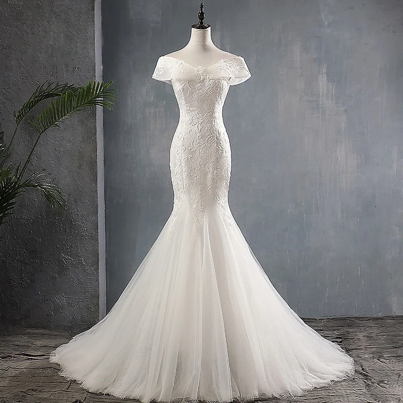 

New Elegant Wedding Dresses Off Shoulder Embroidery Lace Backless Boat Neck White Beach Bohemia Bridal Gowns Mermaid For Women