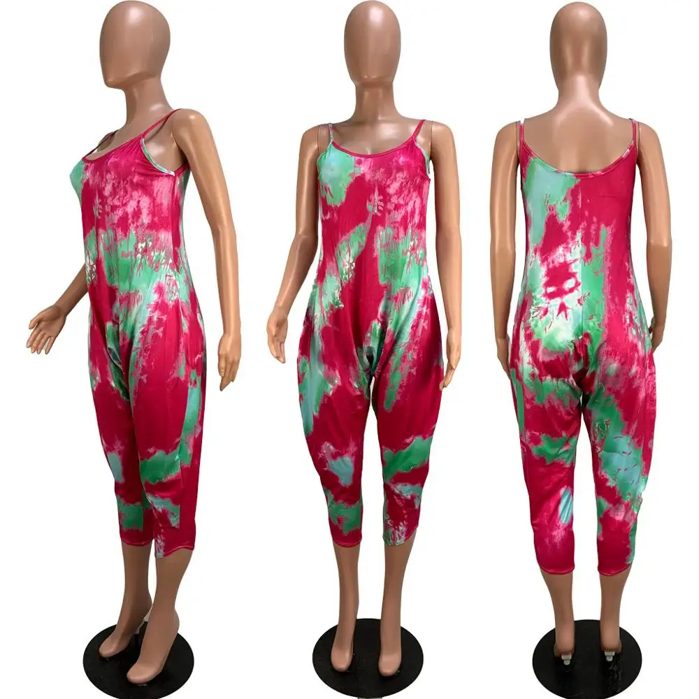 

Summer Tie Dye Print Jumpsuit Women Summer 2020 Sexy Spaghetti Strap O Neck Cropped Harem Pants Body Rompers Womens Jumpsuit