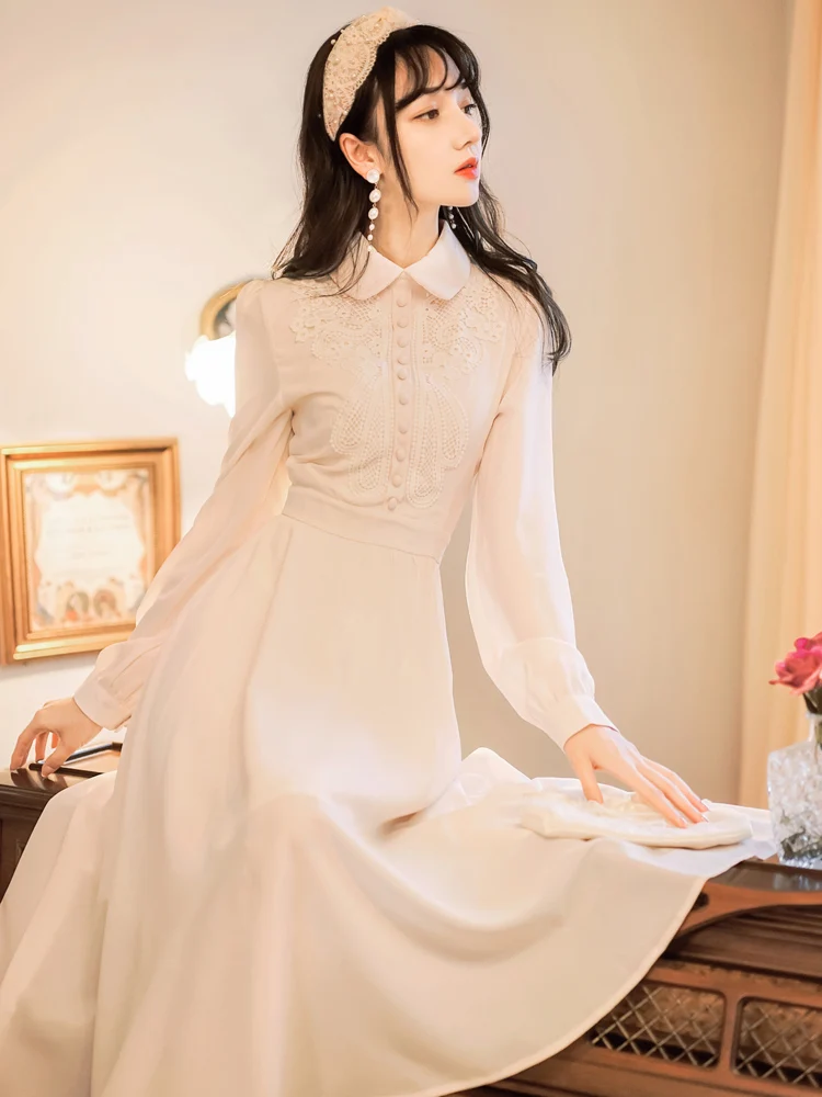 

Korean Style Vintage Women Dress Retro Turn-Down Collar Long Sleeve Elegant Midi Dresses For Slim Lady Dating Party Night