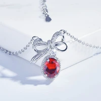 kofsac new popular crystal red oval necklace for women birthday gift 925 sterling silver bow pendant necklace lady party jewelry