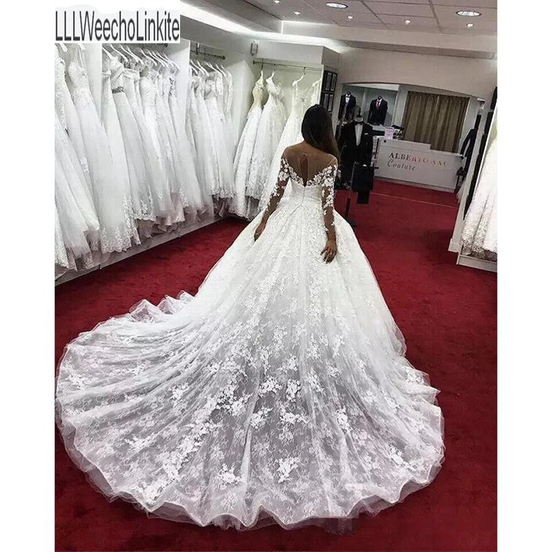 

White Tulle Lace Scoop Neck Long Sleeves Floor-Length Ball Gown Wedding Dresses Chapel Train Custom Made