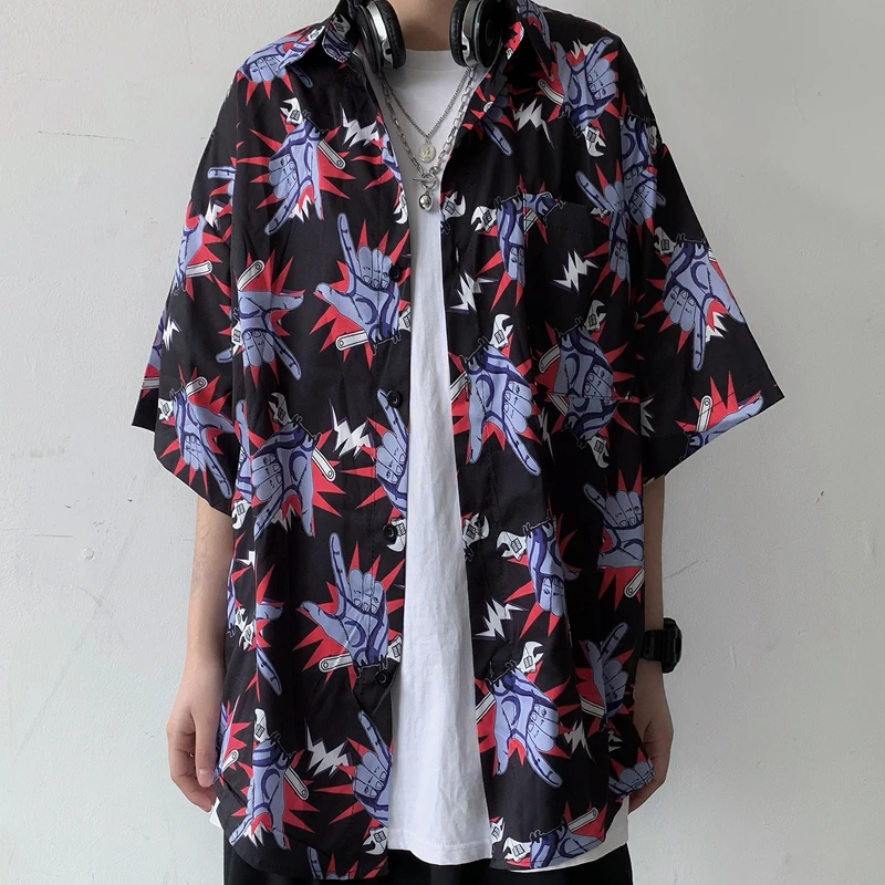 

Harajuku BF Style Personality Hip-Hop Full Flower Gesture Printing Loose Female Shirt Summer Korean Vintage Trend Men’s Top