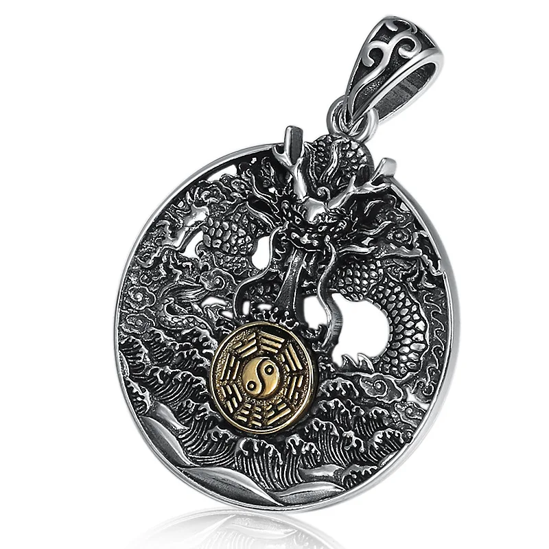 

Real s925 sterling silver personality Tenglong nine palaces gossip tag distressed Thai silver hollow pendant