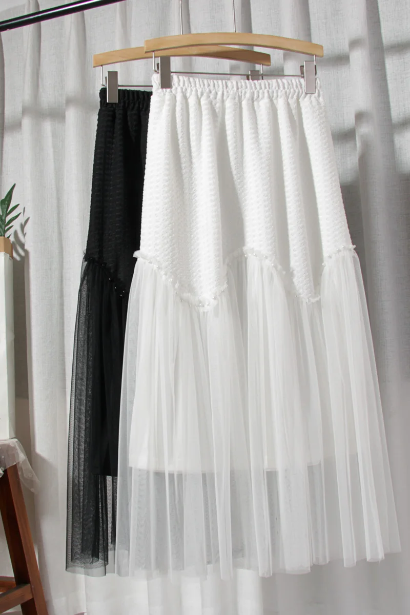 

2021 Stitching Mesh White Long Skirt Women's Summer Korean Style Beaded A Line Skirt Female High Waist Black Skirt