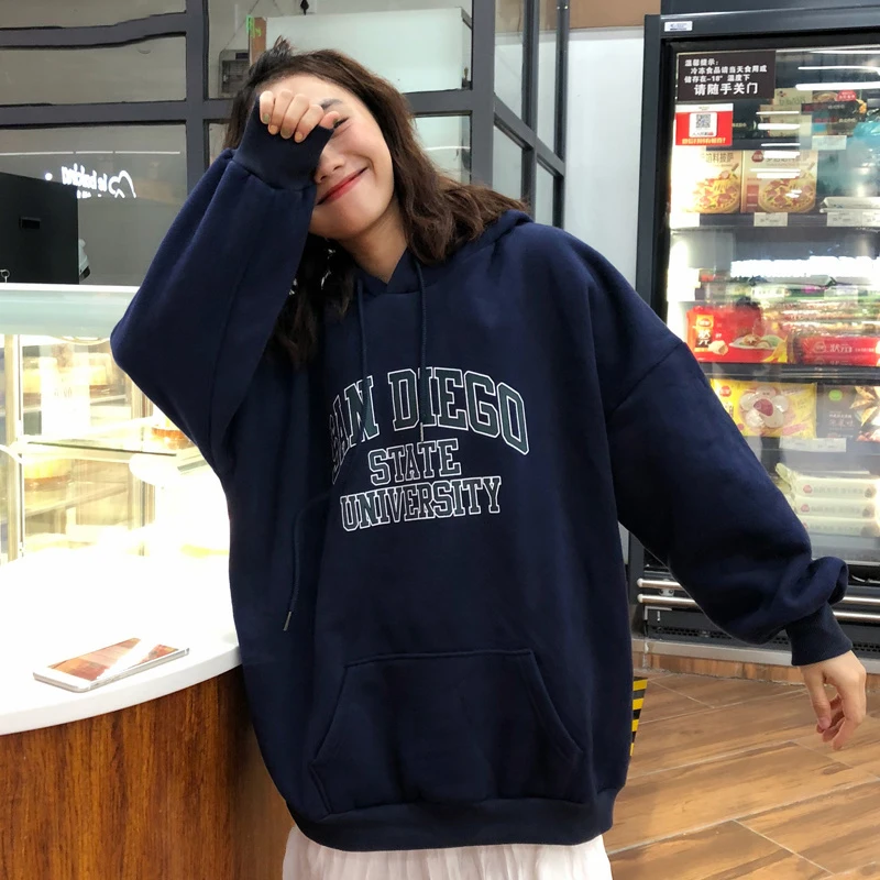 

Sweatshirt Women Hooded Warm Thicker Plus Velvet Letter Printed Loose Long Sleeve Womens Hoodie Korean Style Harajuku Regular