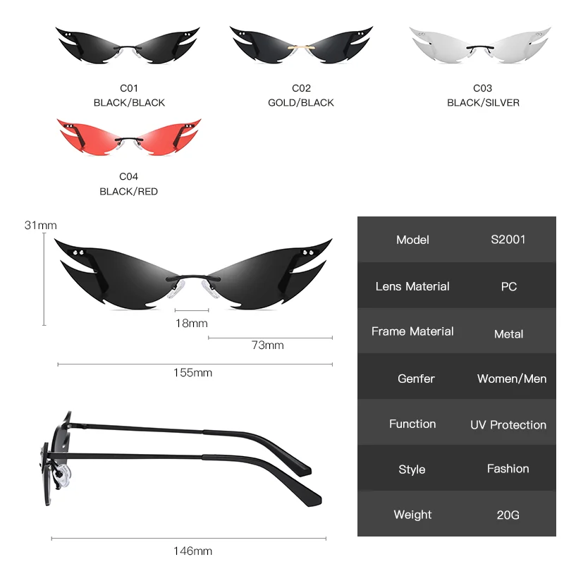 

2020 New Rimless Sunglasses Women Unique Cat Eye Steampunk Sun Glasses Men Retro Small Party Eyewear UV400 Shades Okulary