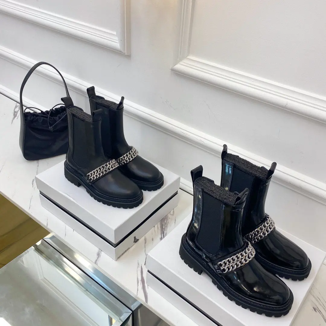 

Casual Designer Women Chelsea Boots Black Genuine Leather Slip On Chains Thick Sole Short Booties Zapatos Mujer Martin Boots