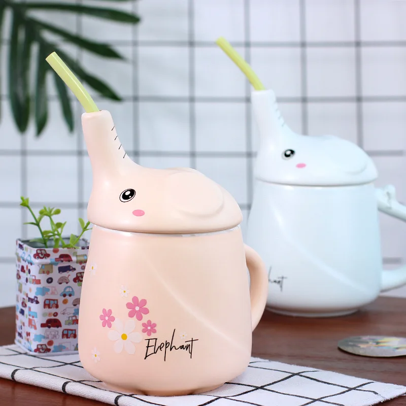 

New 430ml Elephant Proboscis Mug Cartoon Cartoon Animal Cup Ceramic Cola Cup Kids Gift Cup Covered, with Handle