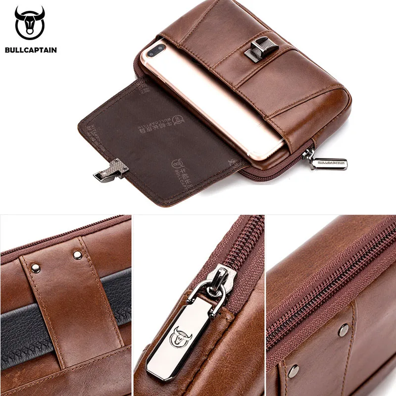BULLCAPTAIN men's mobile phone waist bag multifunctional first layer cowhide horizontal and vertical models can wear a belt bag