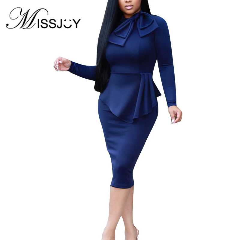 

Женское лоскутное офисное платье MISSJOY, однотонное элегантное облегающее платье средней длины с бантом и длинными рукавами, осень 2019
