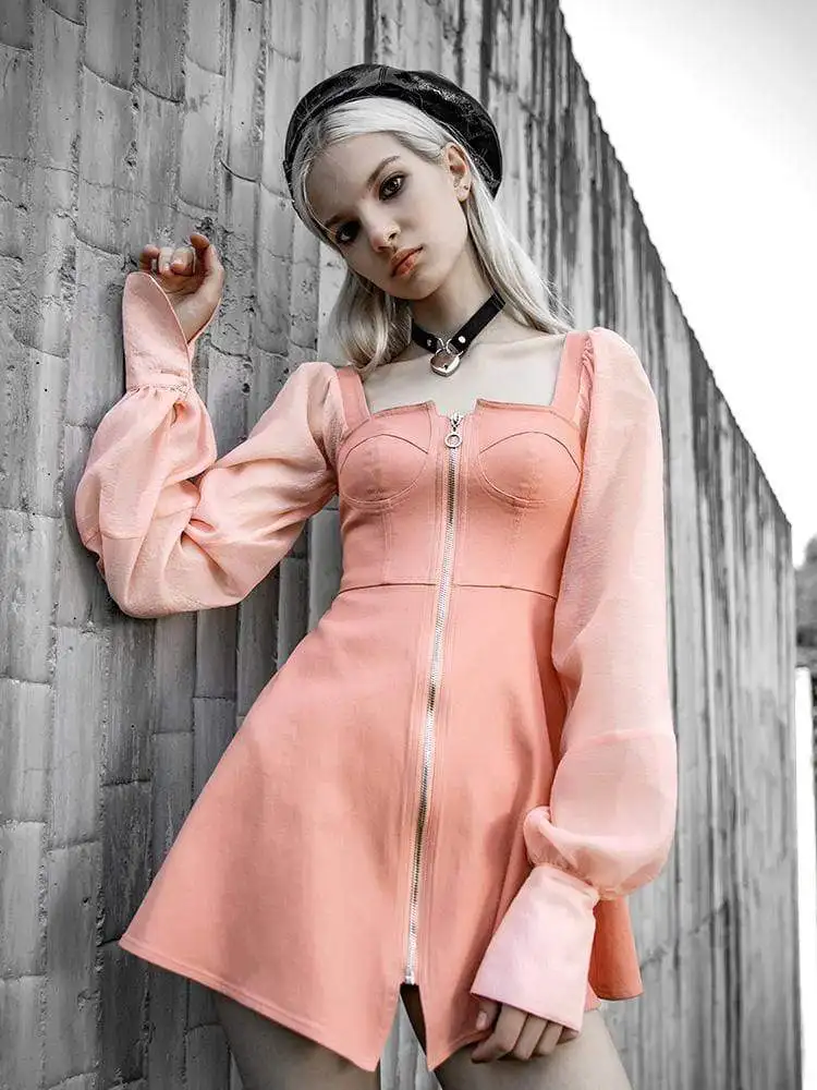 Женские платья с квадратным воротником в стиле панк пышными рукавами и открытой
