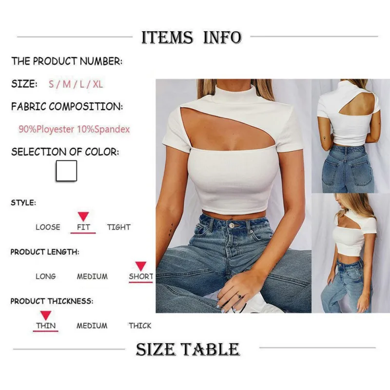 

2021 Women's Summer Special Hollow Sexy Topless Solid Color Round Neck Short Sleeve Ladies Shirt Short Casual T-shirt