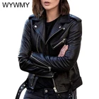 Куртка WYWMY из искусственной кожи женская, свободная повседневная байкерская куртка с поясом, топ в стиле бойфренд из искусственной кожи, черное пальто для женщин