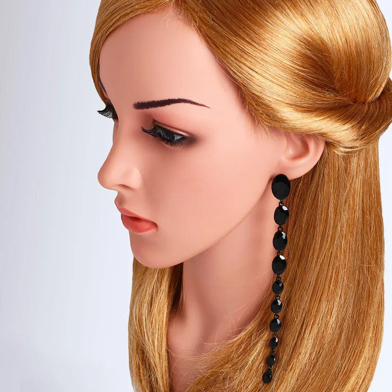 Женские длинные висячие серьги OCESRIO черные сережки с кристаллами и камнями