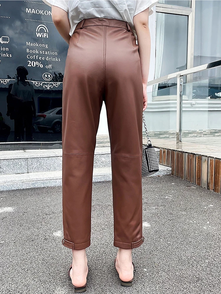 Осень-зима 2021 шикарные женские брюки-карандаш из натуральной кожи с высокой