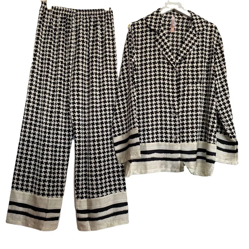 

Maison Gabrielle 2021 Houndstooth Printed Silk Pajamas Set Spring Summer Stretch Satin Long-Sleeve 2-Piece Women's Loungewear