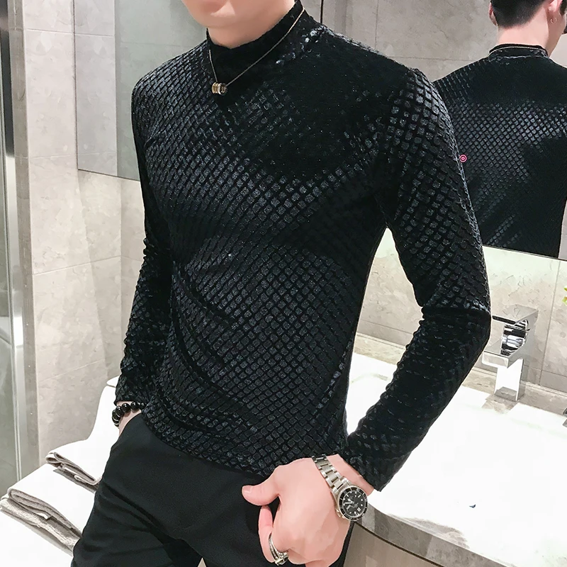 2019 новый стиль модная мужская Осенняя тонкая футболка с высоким воротником и