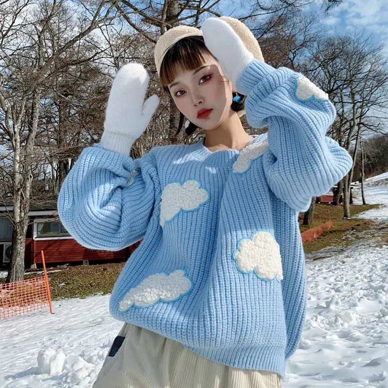 

Women's Cozy Clouds Sweater Cute Cartoon Long Sleeve Crew Neck Pullover Jumper Fall Winter Knit Tops /