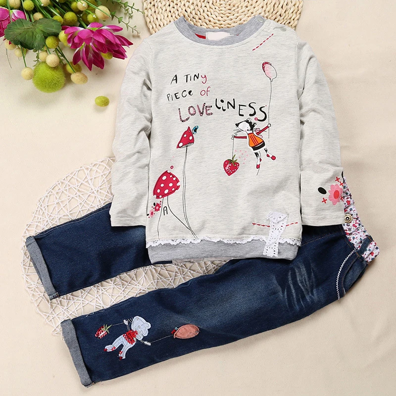 

Menoea Kids Girls Clothes Set Autumn Long Sleeve Sweatersuit+Jeans 2pcs Outfit Cotton Children Cartoon Spring Clothing Suits