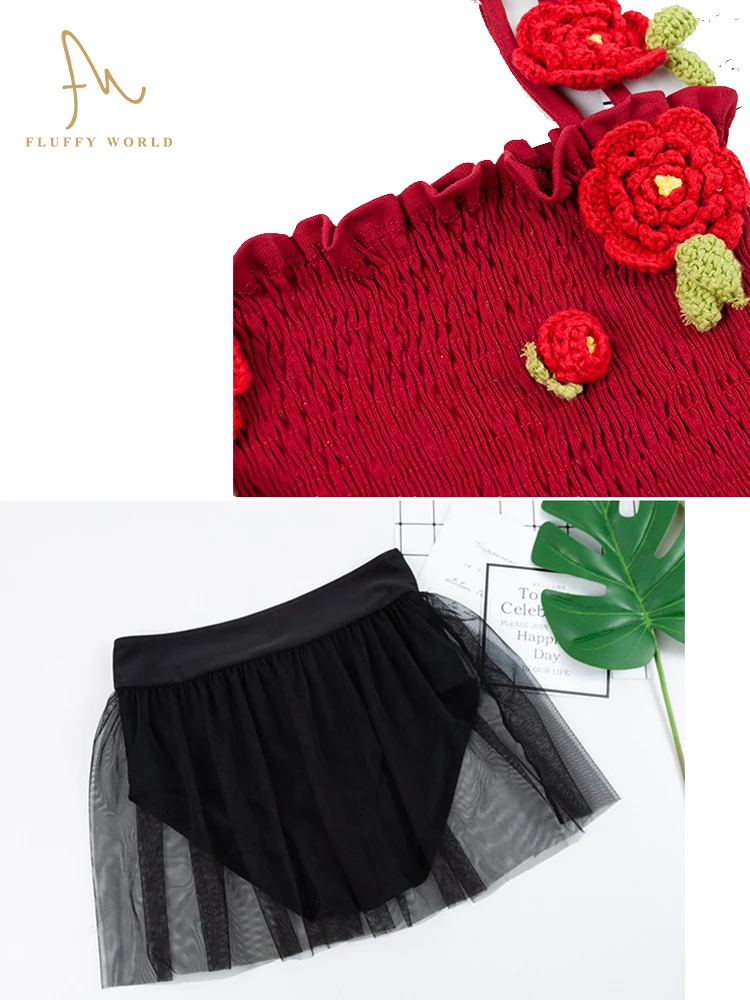 

Swimming Suit For Women High Waist Bathing Suit Women Lady Female Holiday Red Floral Crochet Swimsuit Set Woman 2020 Bikini Suit