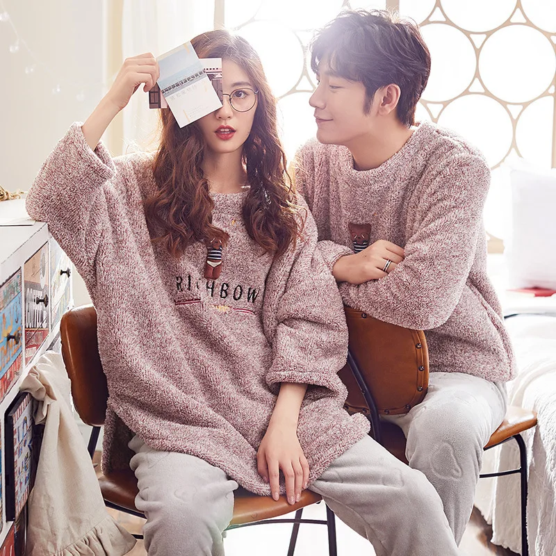 Fannel Пижама для мужчин теплая зимняя утолщенная пары с рукавом и круглым вырезом