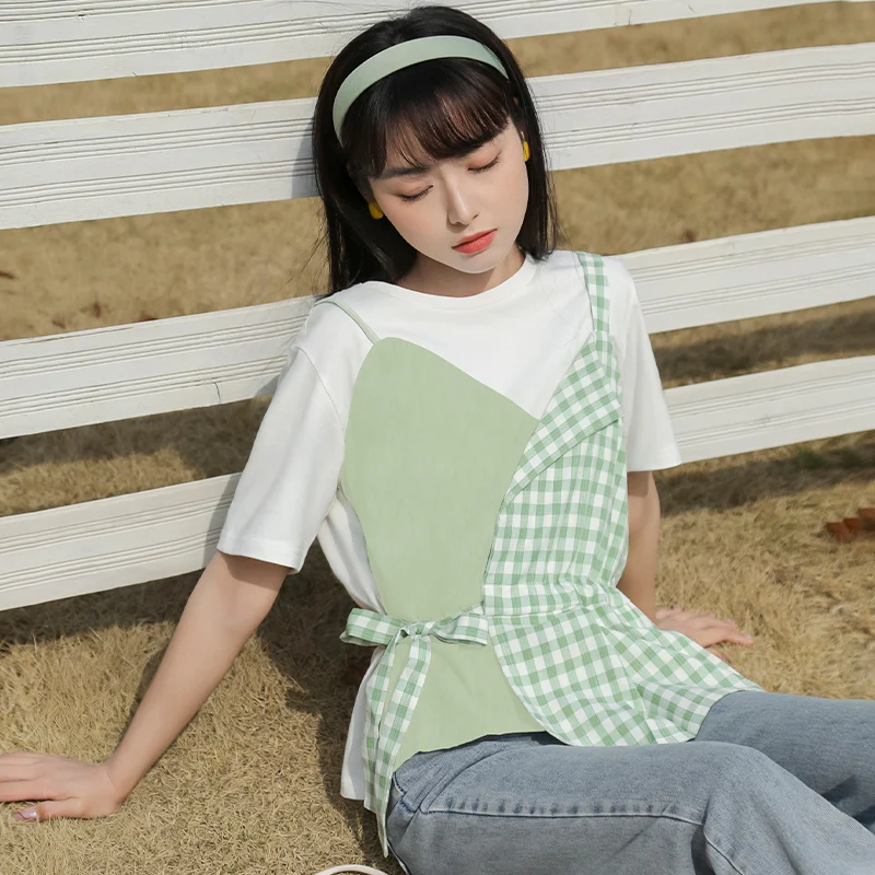 2021 Summer Lovely Plaid Fake Two Piece Women T-shirt Fashion Korean Harajuku Patchwork Loose Round Neck Short Sleeve Tee