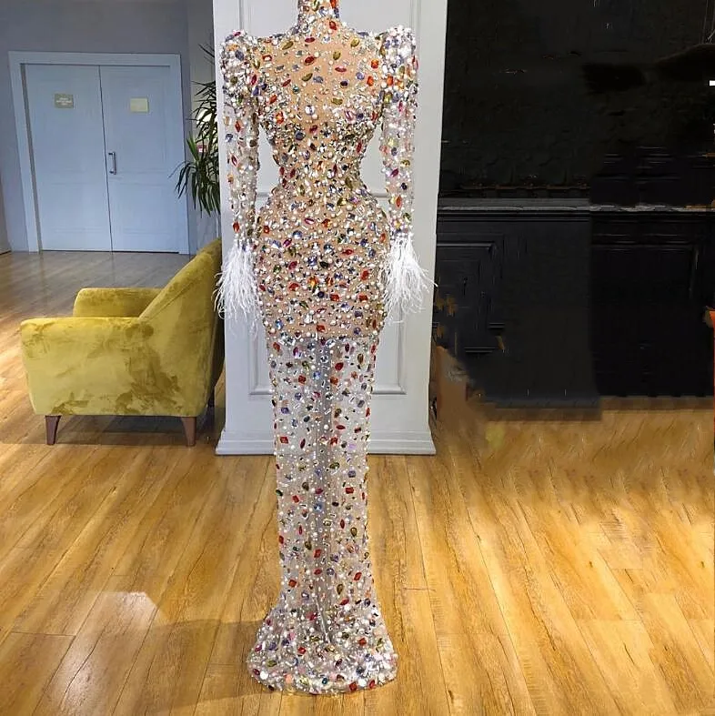 Красочные кристаллы жемчужины сексуальное Сетчатое платье для выпускного