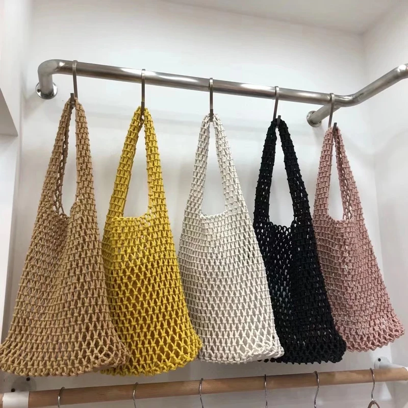 

New Cotton Thread Knitted Women Handbags Ladies Net Hollow Out Tote Bag Female Woven Shoulder Bag Beach Bag Sets Whole Sale