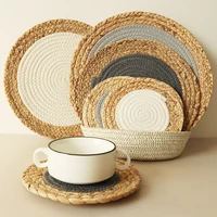 modern round natural rattan coasters handmade straw and cotton rope mixed insulation placemats table cup bowl mats kitchen tool