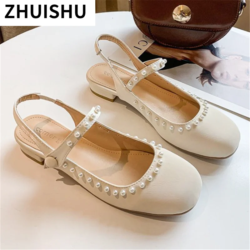 

2021 Summer Women's Sandals Fashion Vintage Buckle Pearl Low-heeled Sandals Outdoor Comfortable Baotou Square Heel Ladies Shoes