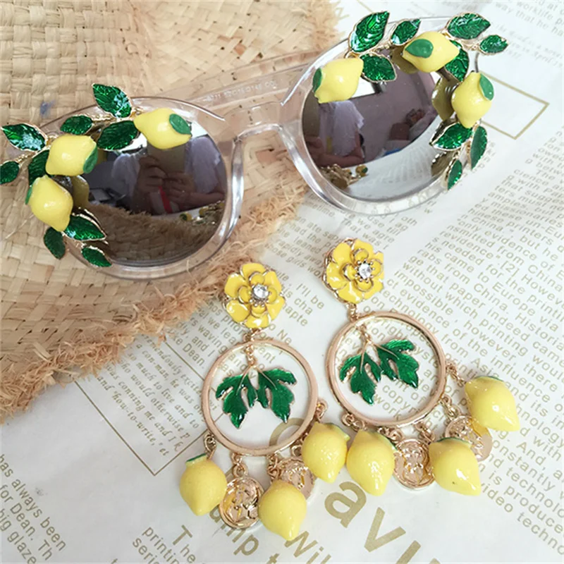 

New Fashion Baroque Women Girls Lemon Sunglasses Retro Decor Metal Leaf Sunglasses Summer Beach Glasses