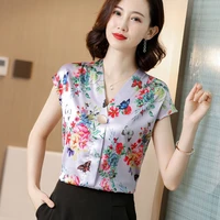 korean silk women blouses women satin silk shirt woman print blouse top plus size women v neck blouses blusas femininas elegante