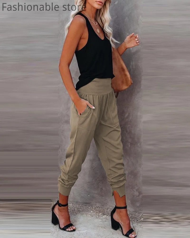

Women Solid Color Pants High Waist Pocket Design Casual Trousers