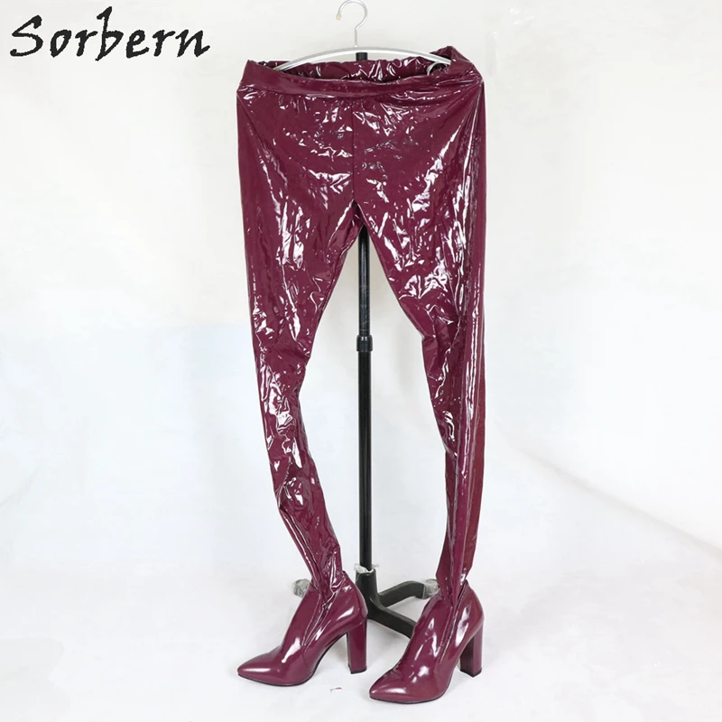 Wine Red Shiny Sorbern/черные растягивающиеся штаны; высокие сапоги до бедра; женские пикантные сапоги с острым носком и эластичным каблуком; женские сапоги на высоком каблуке - Цвет: Wine Red Shiny