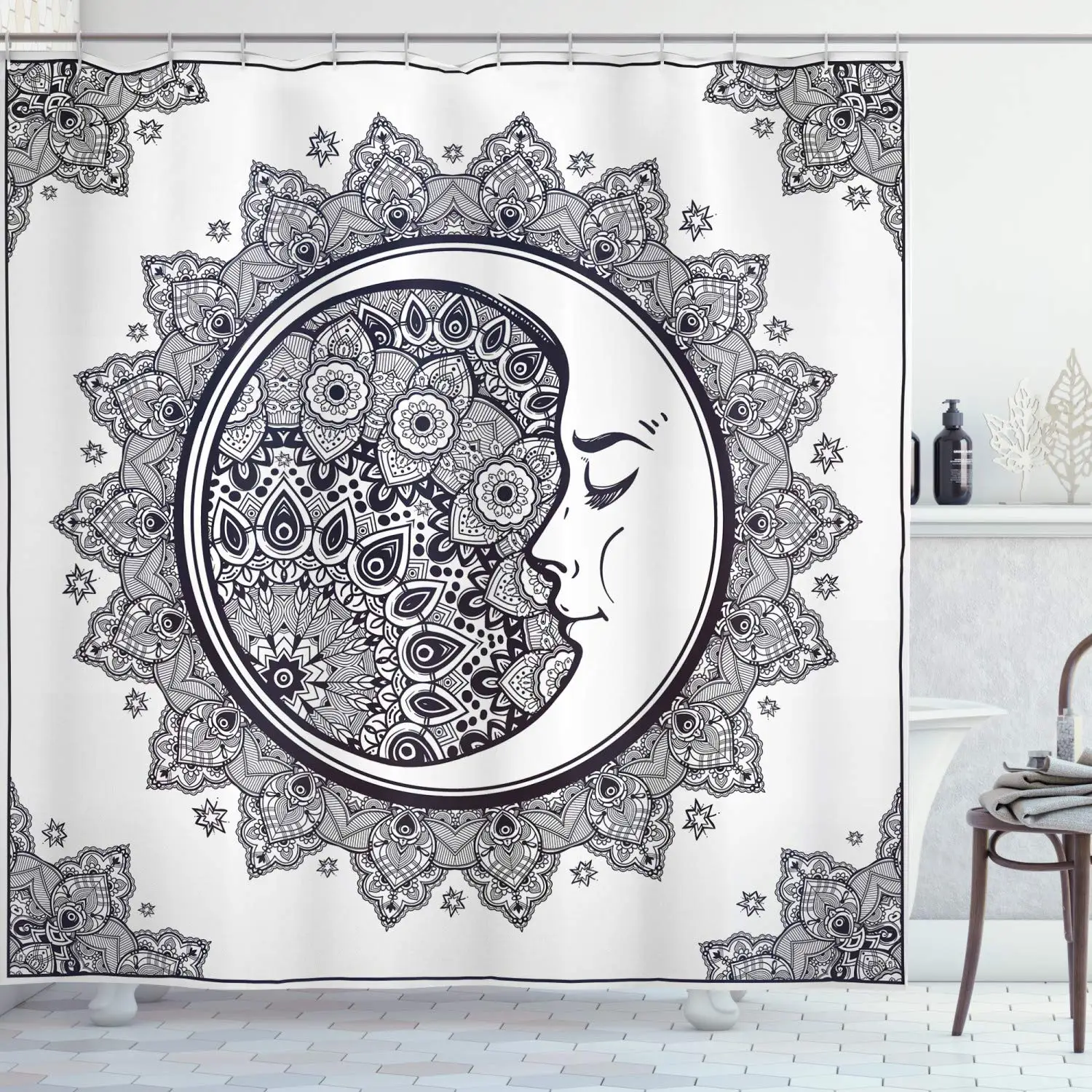 

Zodiac Shower Curtain Intricate Boho Mandala Form with Crescent Moon Foreground Alchemy Polyester Fabric Bathroom Decor Set