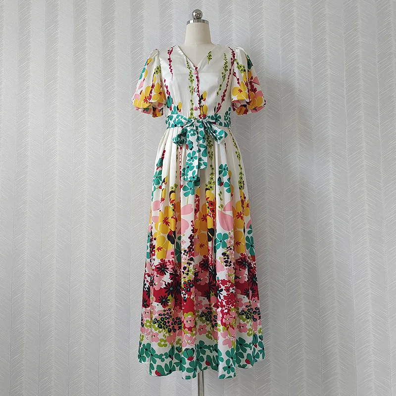 

Женское длинное вечернее платье, Брендовое шелковое платье макси с V-образным вырезом, очаровательным цветочным принтом и коротким рукавом,...